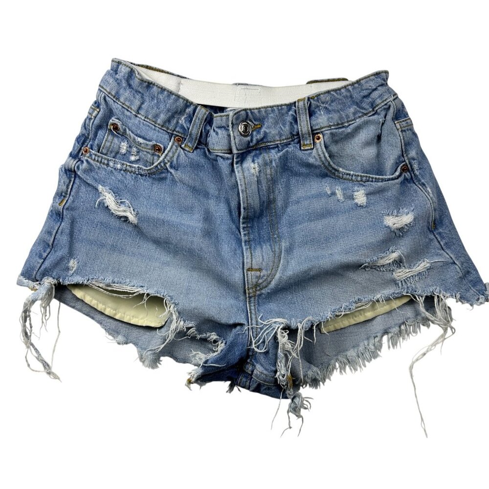 Zara Womens High-Waist Distressed Denim Shorts  Sz 6 Raw Hem Elastic Waistband